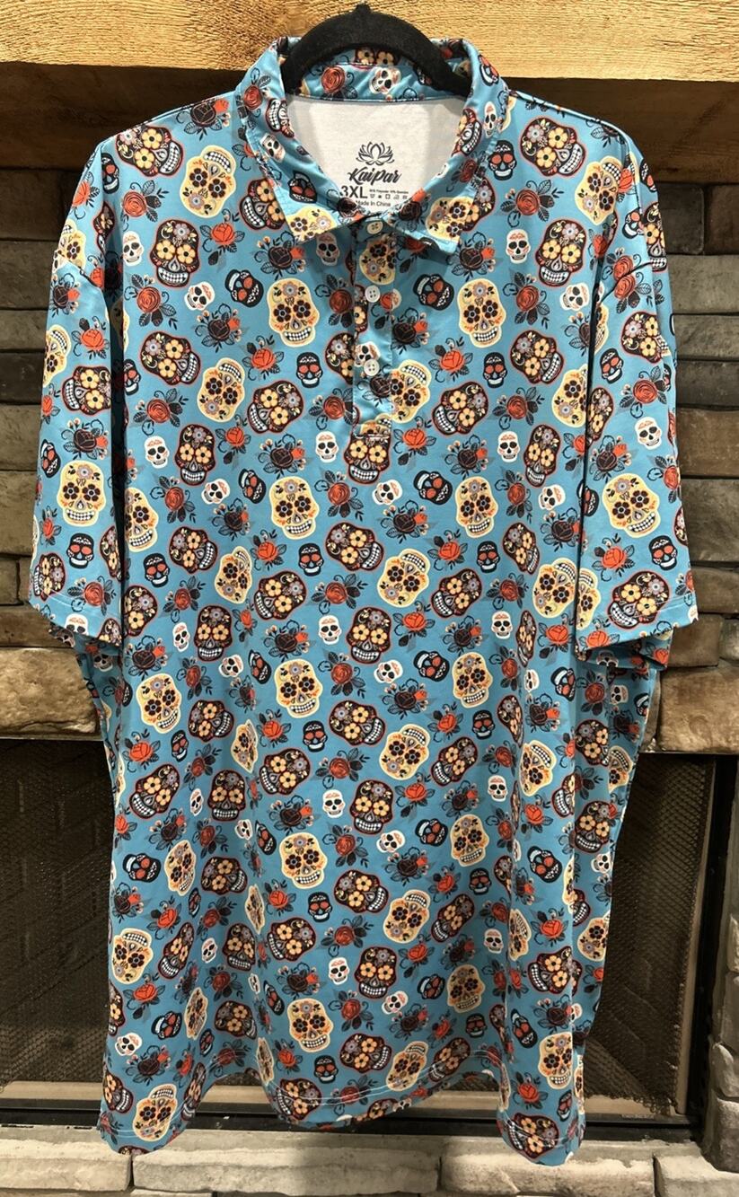 Men’s KAIPAR Day Of The Dead Sugar Skulls Short Sleeve Polo Shirt 3XL *B6